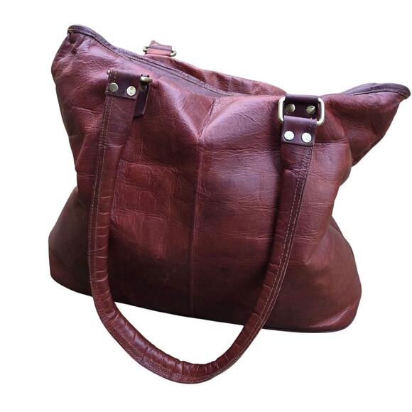 Western Boho Cognac Leather Tote Bag | Distressed Rustic Carryall - Picture 7 of 14